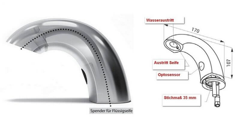 LOex Sens-Inox Tuko SP Edelstahl Sensorstandarmatur, mit integriertem Seifenspender, Schnitt